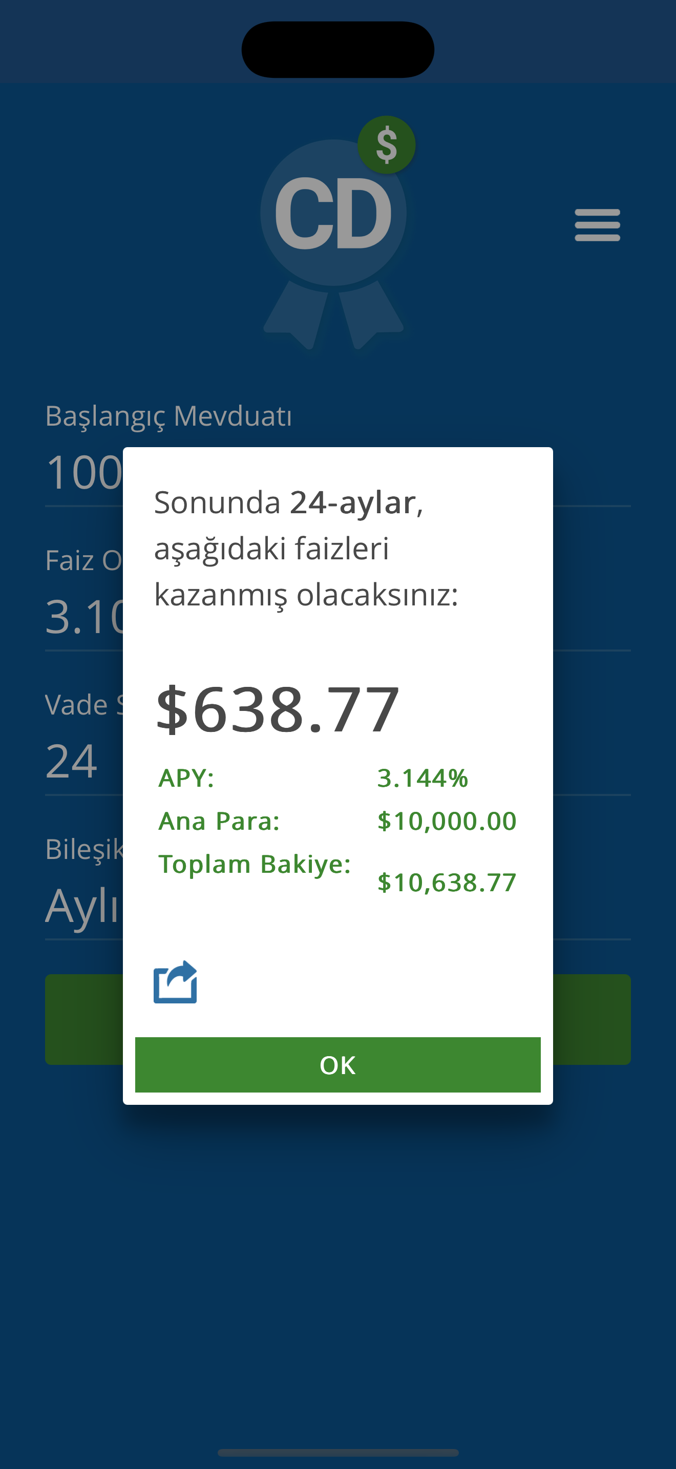 CD Calculator Pro sonuç ekranı